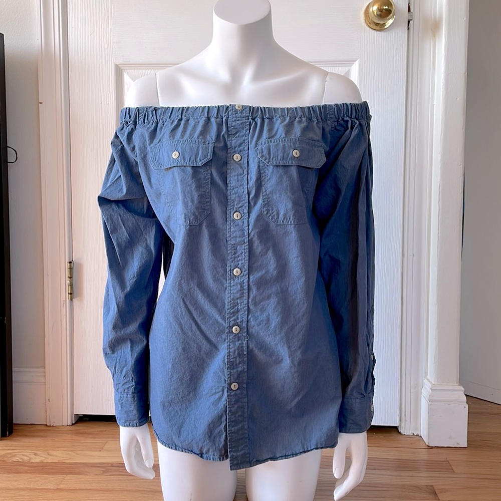 Blue Off Shoulder Kate McHale Jensen Button Down Dress Shirt